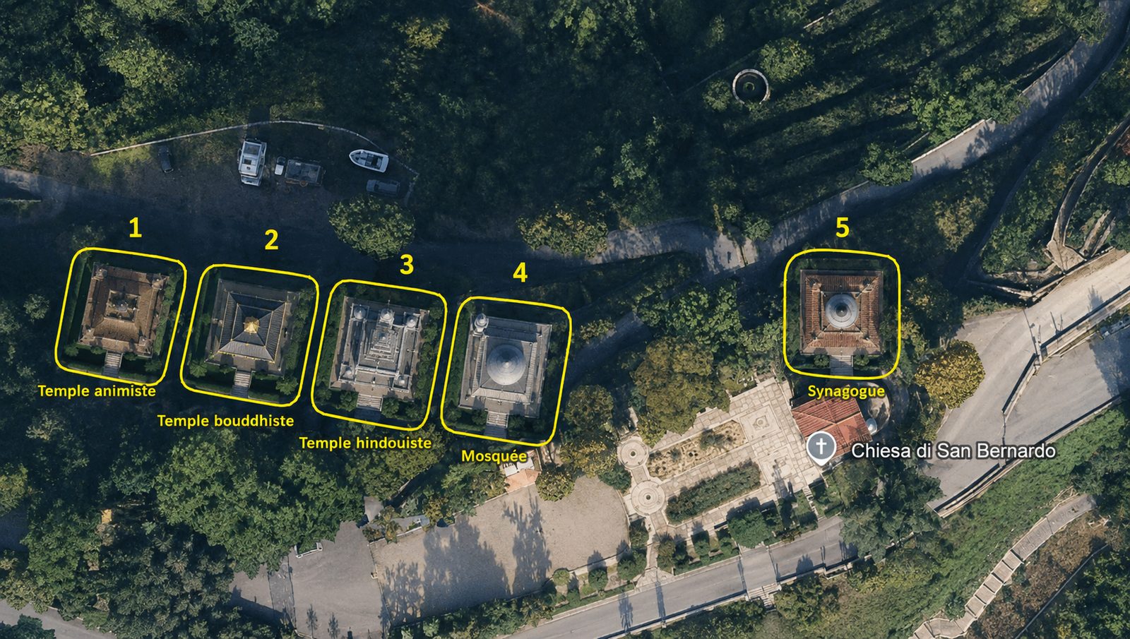 Aerial view of the project: five numbered places of worship — animist temple, Buddhist temple, Hindu temple, mosque and synagogue — close to the church of San Bernardo