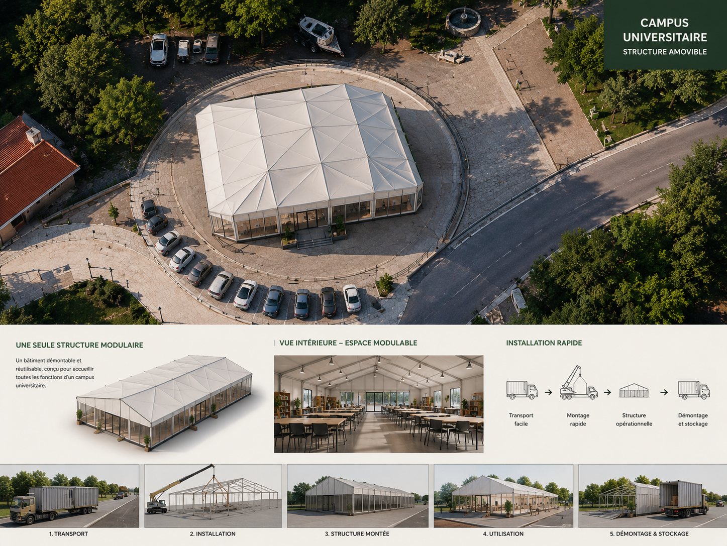 Presentation board of the demountable university campus: aerial view of the white structure, interior view of the hall and the transport, installation, assembled structure, use, dismantling and storage stages