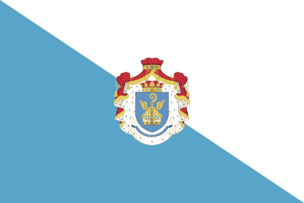 The official flag of the Principality of Sabourg: two diagonal bands, light blue below and white above, bearing the princely arms