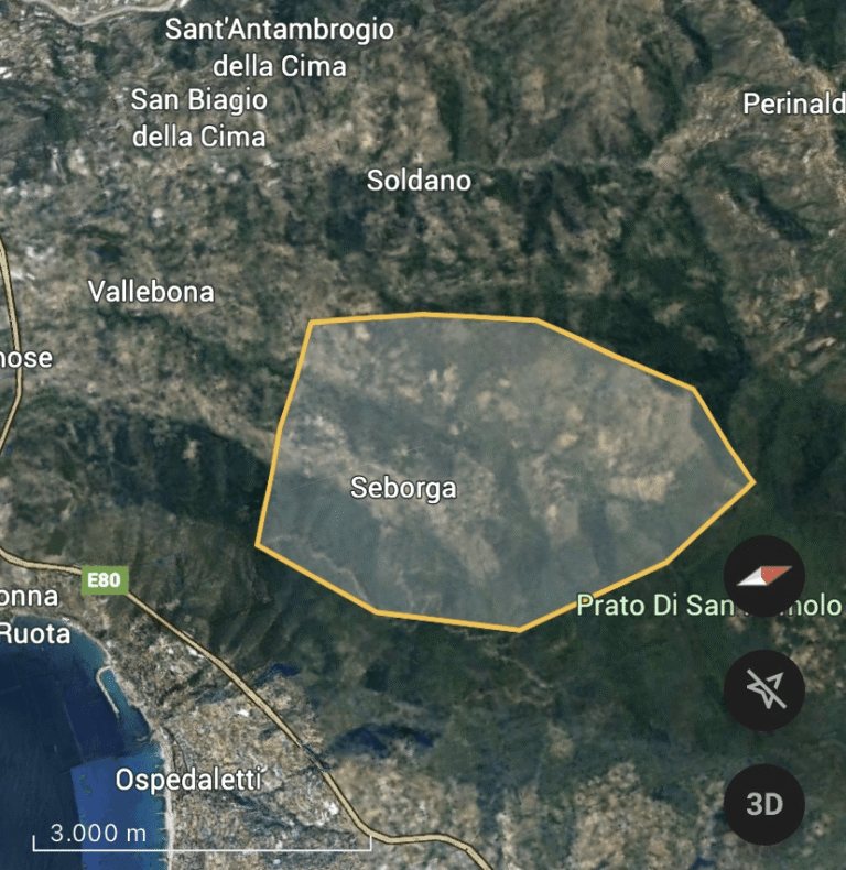 Satellite view of the territory of the Priory of Saint John, around Seborga, outlined in yellow