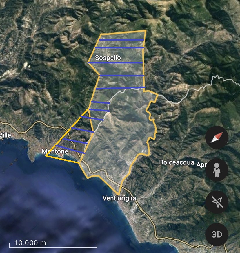 Satellite view of the territory of the Priory of Saint Michael, from Sospel to Menton and Ventimiglia, outlined in yellow; the area hatched in blue has belonged to France since 1860